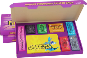 Indoor Fireworks Bumper Box, 30-piece indoor firework pack including snakes, sparklers, ice fountains, fun snaps and wish papers