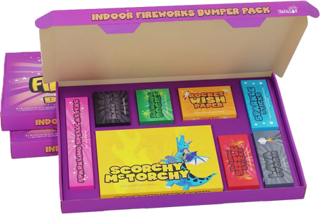 Indoor Fireworks Bumper Box — 30-piece indoor firework pack including snakes, sparklers, ice fountains, fun snaps and wish papers