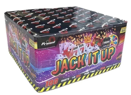 Jack It Up Cake by Primed Pyrotechnics features 100 shots with vibrant casino-themed packaging, ideal for party fireworks from Galactic Fireworks.