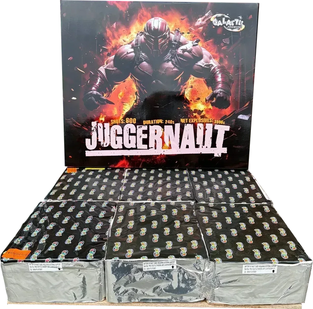Juggernaut, Galactic Fireworks flagship F3 compound firework with 600 shots and fanned aerial pattern