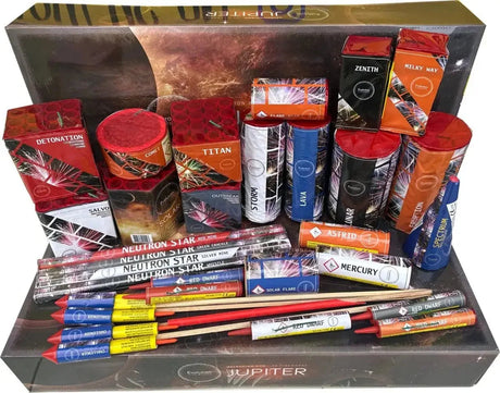 Jupiter Box 25-piece F2 firework selection box by Evo Fireworks