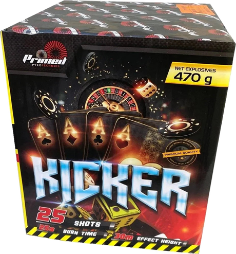 Kicker 25-shot big-bore F3 cake firework by Primed Pyrotechnics