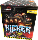 Kicker 25-shot big-bore F3 cake firework by Primed Pyrotechnics