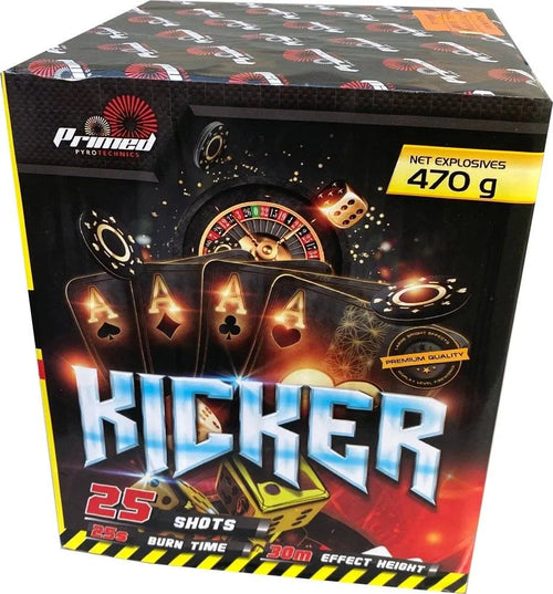 Kicker by Primed Pyrotechnics 25-shot firework cake featuring casino-themed packaging with roulette, dice, and playing cards. 470g NEC for party displays.
