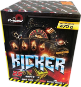 Kicker 25-shot big-bore F3 cake firework by Primed Pyrotechnics