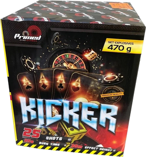 Kicker 25-shot big-bore F3 cake firework by Primed Pyrotechnics
