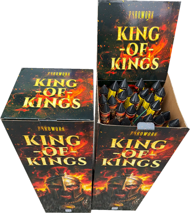 King of Kings 25-rocket single-fuse volley box by Pyroworx