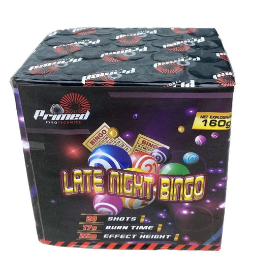 Late Night Bingo Firework 20-shot cake by Primed Pyrotechnics in colorful packaging, ideal for party celebrations and garden displays.