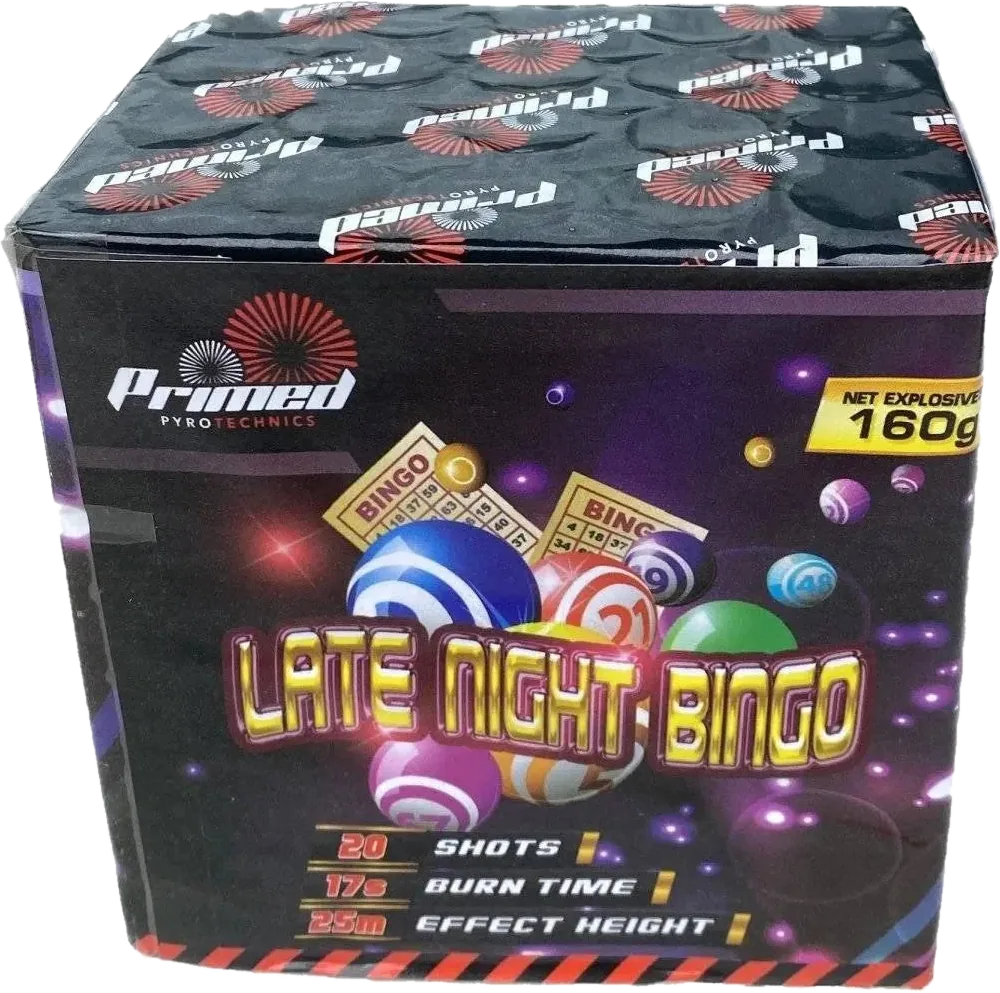 Late Night Bingo 20-shot F2 cake firework by Primed Pyrotechnics