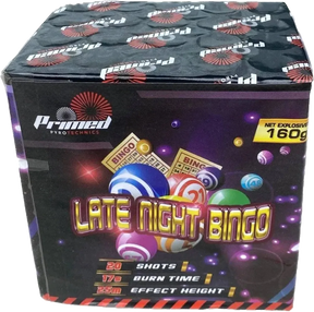 Late Night Bingo 20-shot F2 cake firework by Primed Pyrotechnics