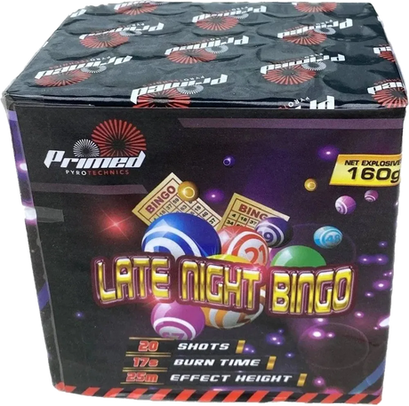 Late Night Bingo 20-shot F2 cake firework by Primed Pyrotechnics