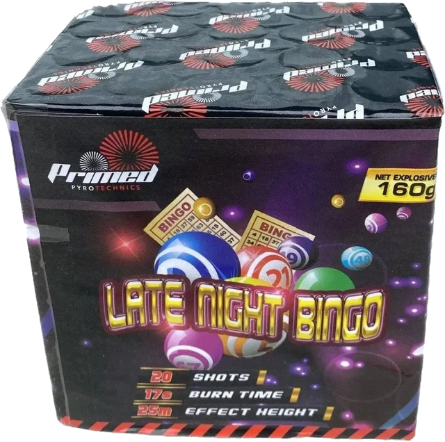 Late Night Bingo 20-shot F2 cake firework by Primed Pyrotechnics