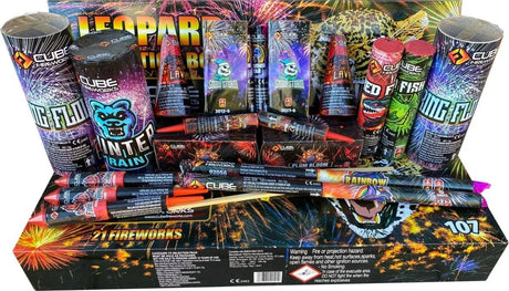 Leopard Box 21-piece F2 firework selection box by Cube Fireworks