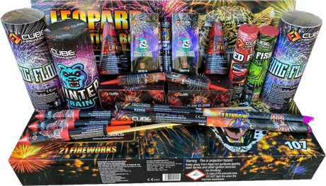 Leopard Box 21-piece F2 firework selection box by Cube Fireworks