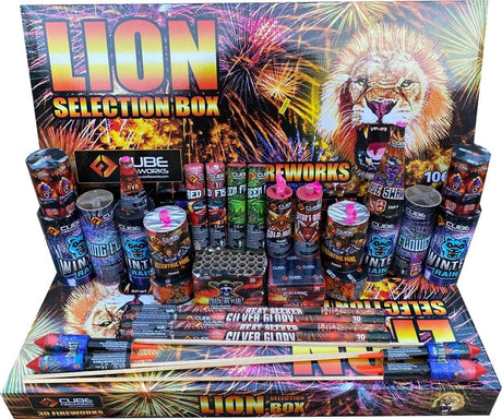 Lion Box 30-piece F2 firework selection box by Cube Fireworks