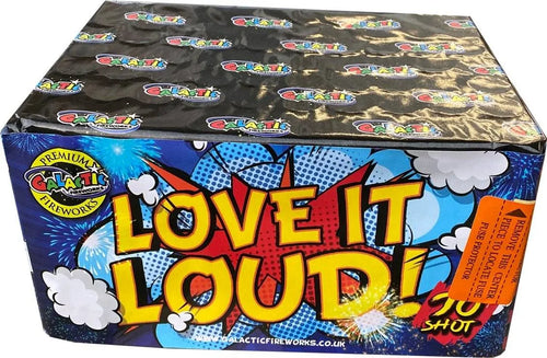 Love It Loud Cake by Galactic Fireworks with vibrant comic-style packaging, featuring 70 high-noise shots for intense party celebrations.
