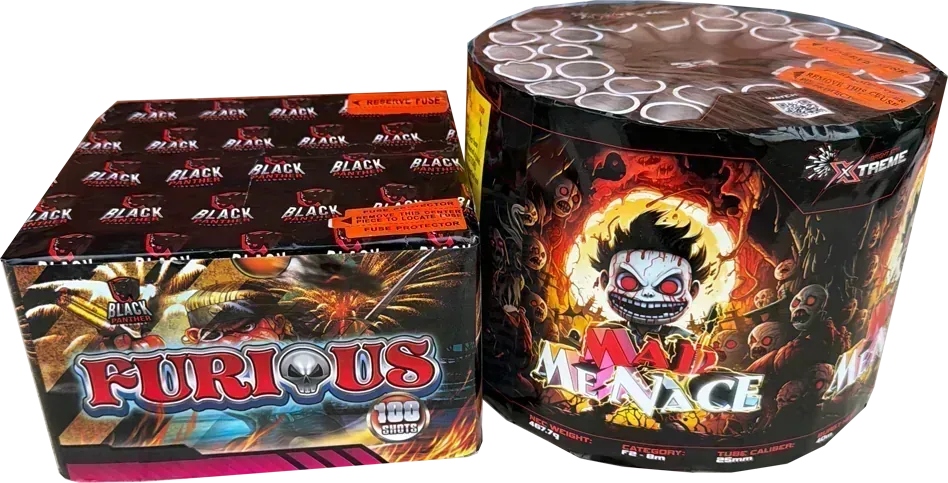 Twin pack containing Mad Menace 33 shot cake and Furious 100 shot cake.