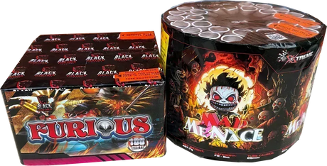 Twin pack containing Mad Menace 33 shot cake and Furious 100 shot cake.
