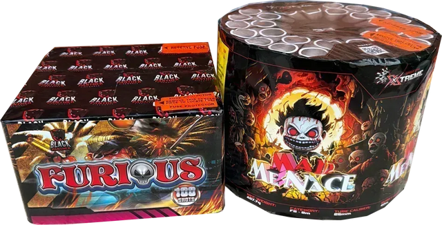 Twin pack containing Mad Menace 33 shot cake and Furious 100 shot cake.