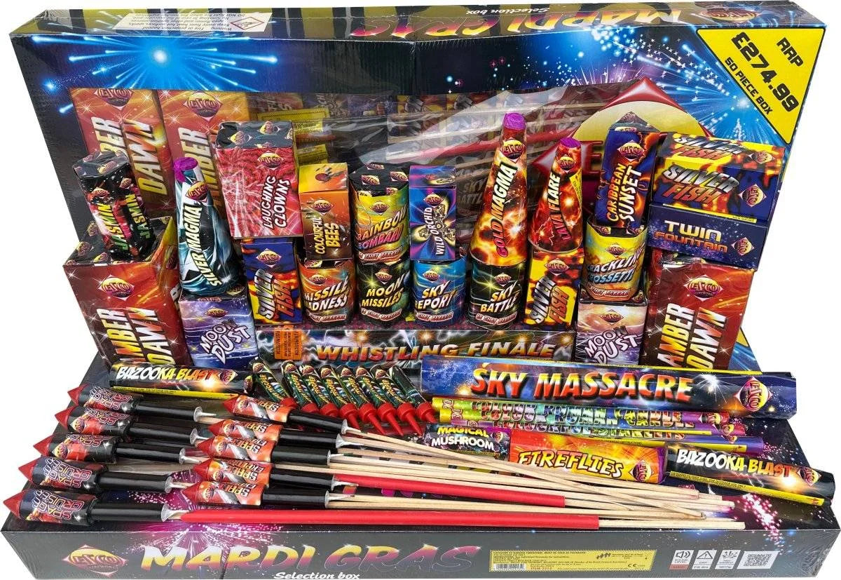 Mardi Gras 50-piece F2 firework selection box by Bright Star