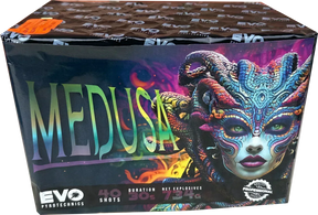 Evolution Fireworks Medusa 40 shot cake with red plum ghost effects.