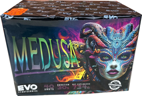 Evolution Fireworks Medusa 40 shot cake with red plum ghost effects.