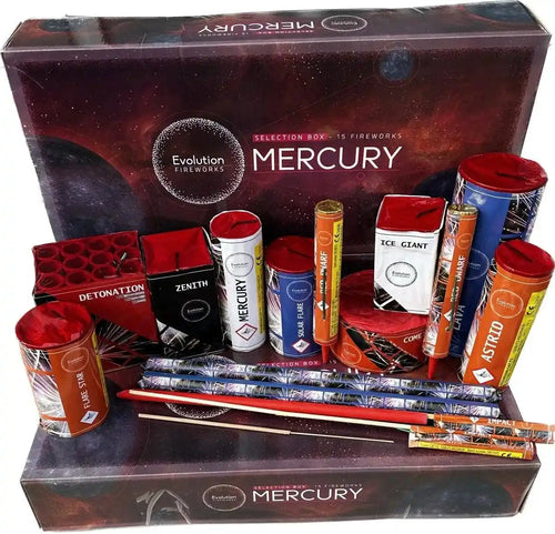 Mercury Box | 15 Mixed Low-Noise Fireworks by Evolution Fireworks featuring assorted colourful fireworks in a display box for garden celebrations.