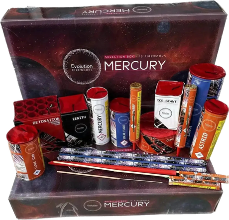 Mercury Box 15-piece low-noise F2 firework selection box by Evo Fireworks