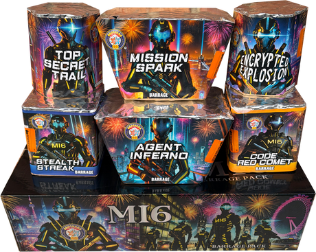 Brothers Pyrotechnics MI6 pack containing 6 assorted fireworks.