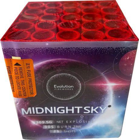 Midnight Sky 25-shot low-noise F2 cake firework by Evolution