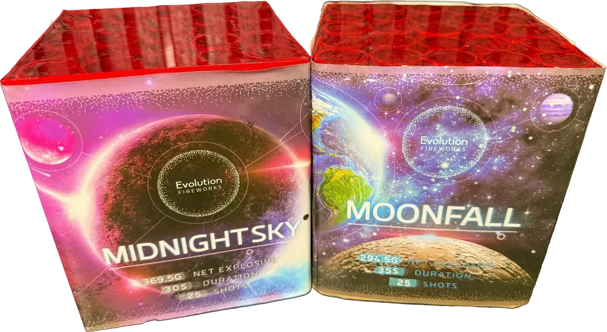 Twin pack containing Evolution Fireworks Midnight Sky and Moonfall cakes.