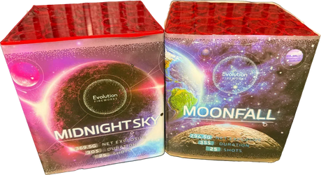 Twin pack containing Evolution Fireworks Midnight Sky and Moonfall cakes.