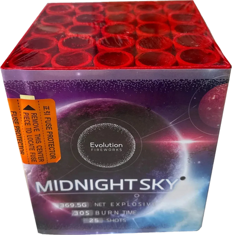 Midnight Sky 25-shot low-noise F2 cake firework by Evo Fireworks