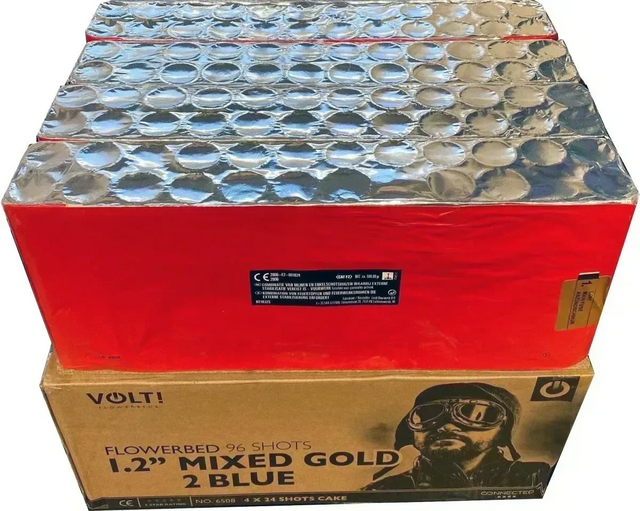 Mixed Gold to Blue 96-shot F3 compound firework by Volt