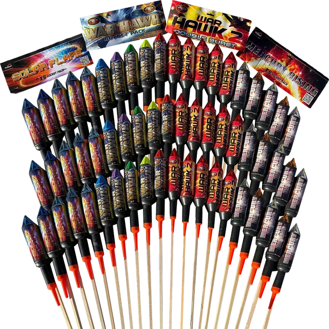 Galactic Fireworks Mixed Rocket Bundle containing 60 rockets including War Hawks.