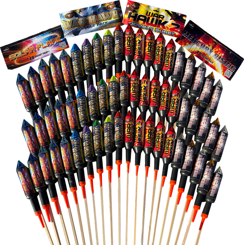 Galactic Fireworks Mixed Rocket Bundle containing 60 rockets including War Hawks.