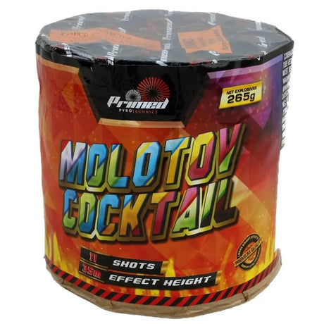 Molotov Cocktail by Klasek, a cylindrical firework mine with 11 shots and 265g net explosives, ideal for party celebrations and firework displays.
