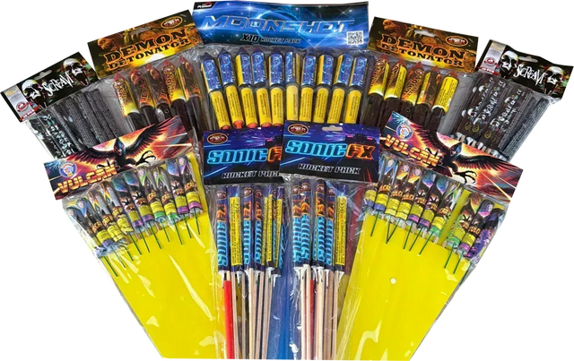 Galactic Fireworks Monster Rocket Bag containing 80 assorted rockets.