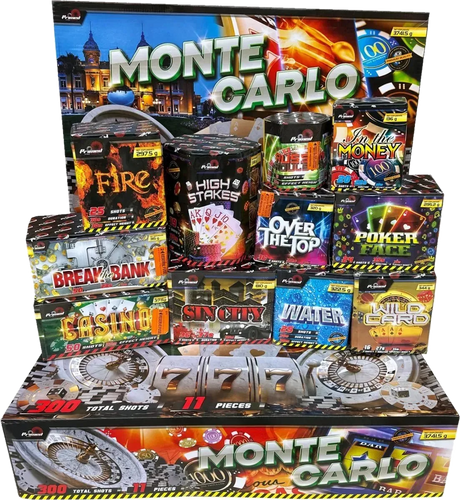 Primed Pyrotechnics Monte Carlo pack containing 11 assorted cakes.
