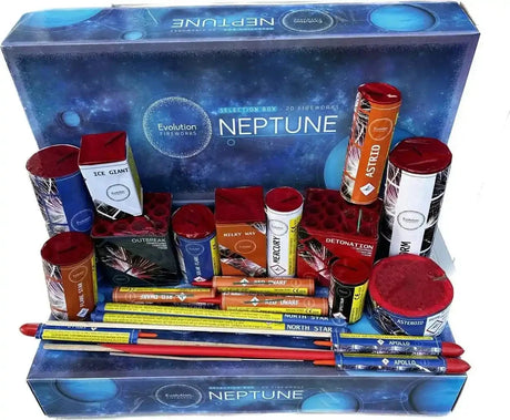 Neptune Box 20-piece low-noise F2 firework selection box by Evo Fireworks