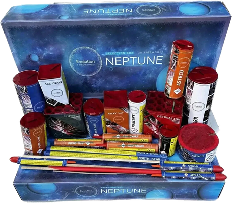 Neptune Box 20-piece low-noise F2 firework selection box by Evo Fireworks