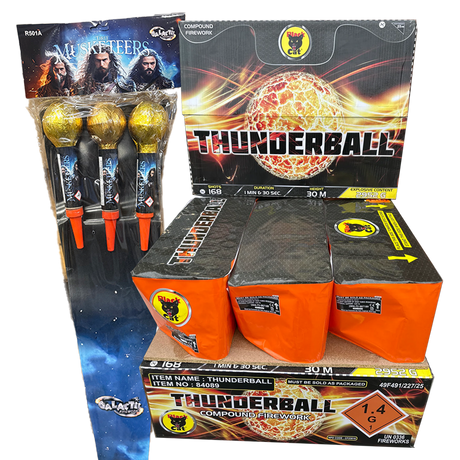 Galactic Fireworks New Year's Party pack with Thunderball compound and Three Musketeers rockets.
