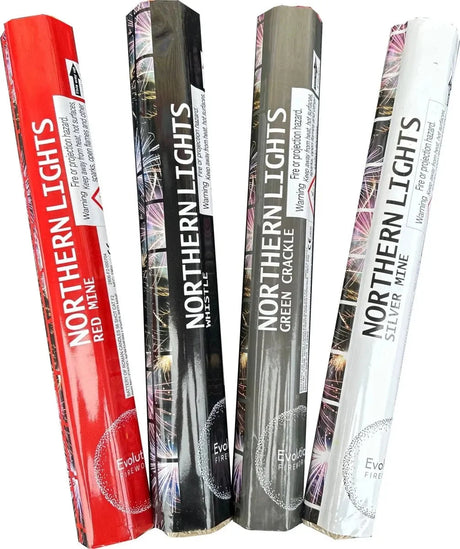 Northern Lights 4-pack low-noise F2 roman candles by Evolution