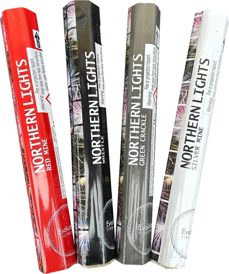 Northern Lights 4-pack low-noise F2 roman candles by Evo Fireworks