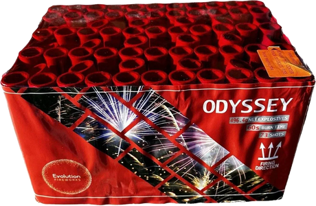 Odyssey 73-shot fanned F3 cake firework by Evo Fireworks