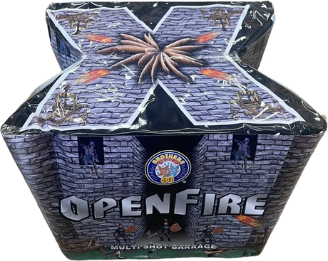 Open Fire 33-shot fanned F2 cake firework by Brothers Pyrotechnics