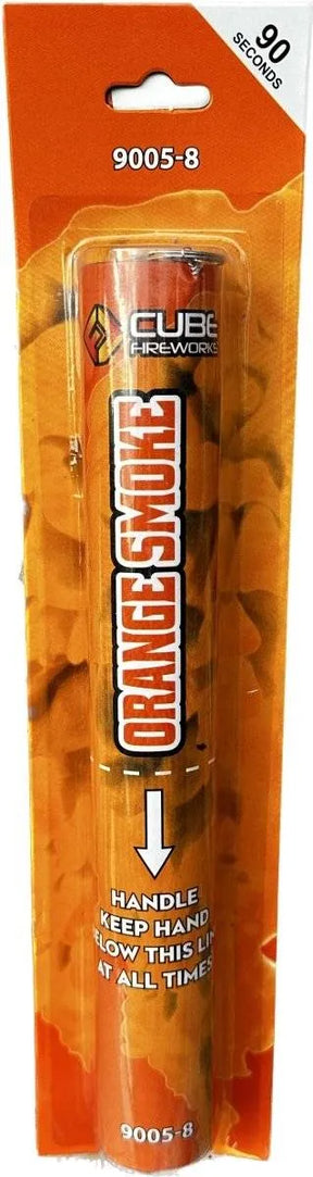 Orange Handheld Smoke Grenade by Cube Fireworks, orange wire-pull smoke for Halloween and autumn shoots, 60–90 seconds