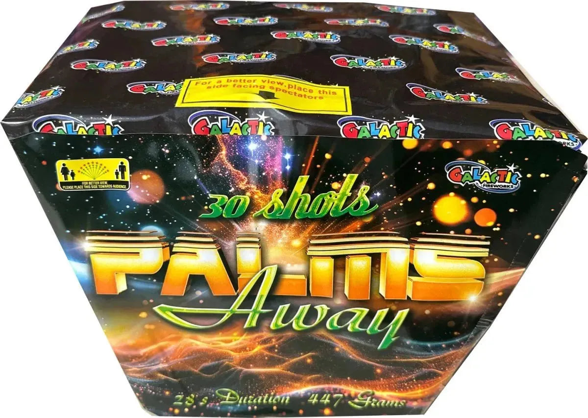 Galactic Fireworks Palms Away 28 shot cake with fan firing shape.