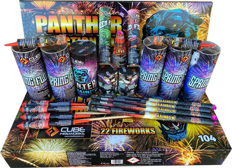 Panther Box 22-piece F2 firework selection box by Cube Fireworks