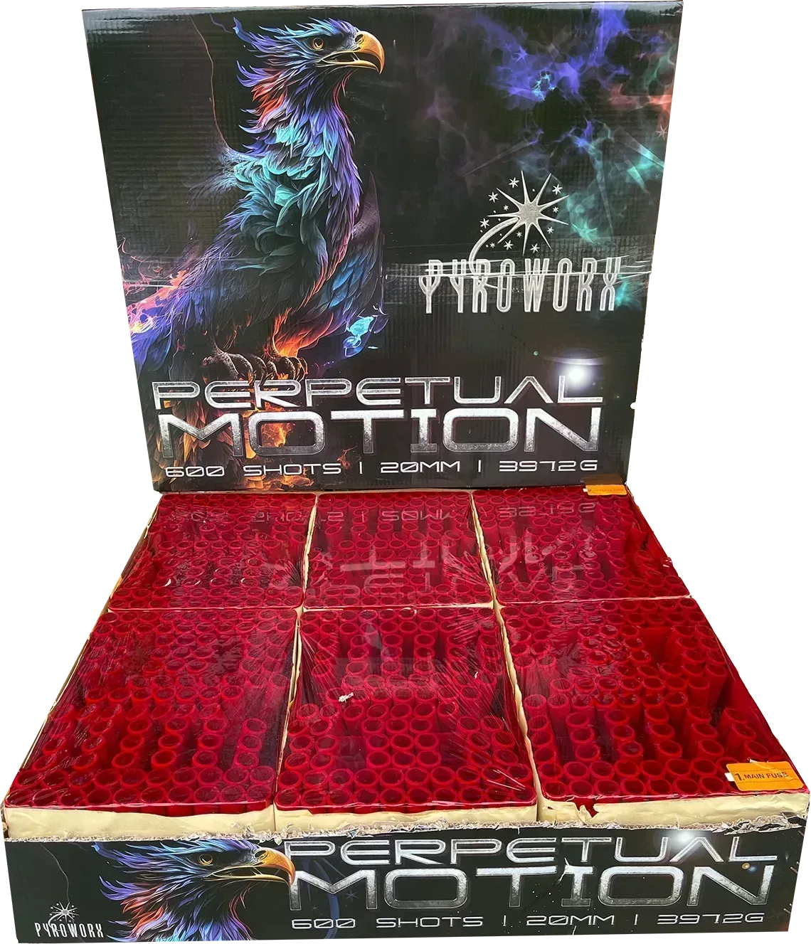 Pyroworx Perpetual Motion 600 shot compound firework in large box.